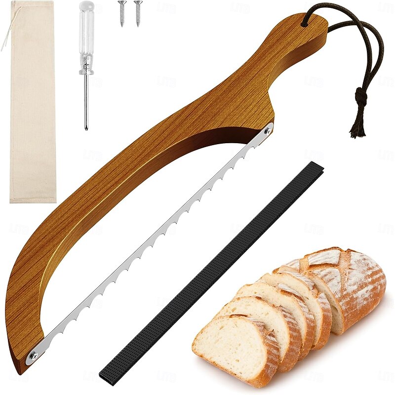 Bread Knife for Homemade Bread Walnut Bow Bread Cutter with Ultra-Sharp Serrated Stainless Steel Blade, Sourdough Bread Knife for Bagels, Baguettes, and Rustic Loaves - Walnut Color