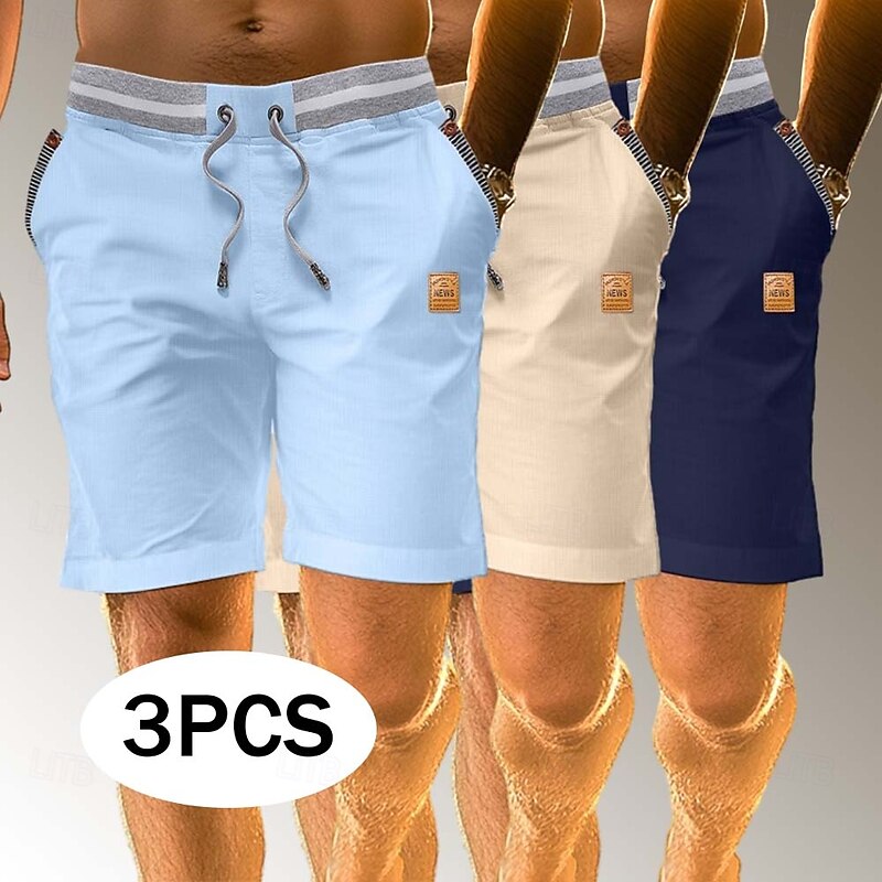 Men's Shorts Linen Shorts Summer Shorts Beach Shorts Patchwork Elastic Waist Drawstring Color Block Comfort Breathable Knee Length Casual Daily Holiday Vacation Fashion Blue+Black+Navy Blue Blue+Navy