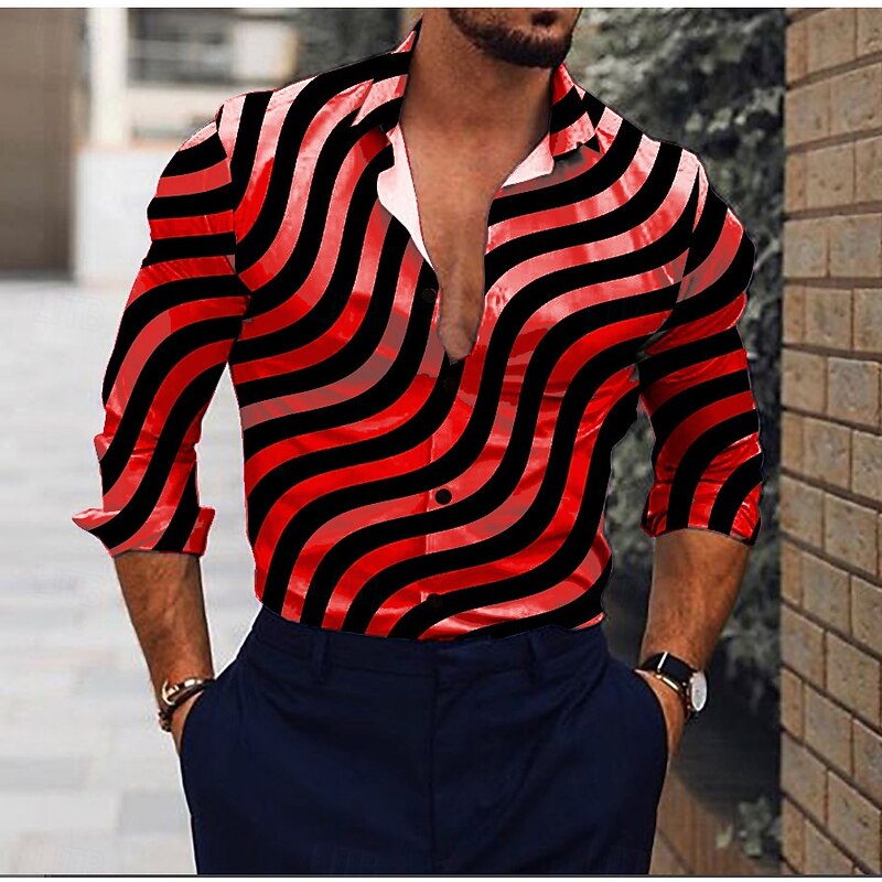 Men's Striped Geometric Pattern Shirt Button Up Shirt Long Sleeve Party Designer Casual Vacation Daily Holiday Collar Shirt Collar Black Yellow Red Purple4