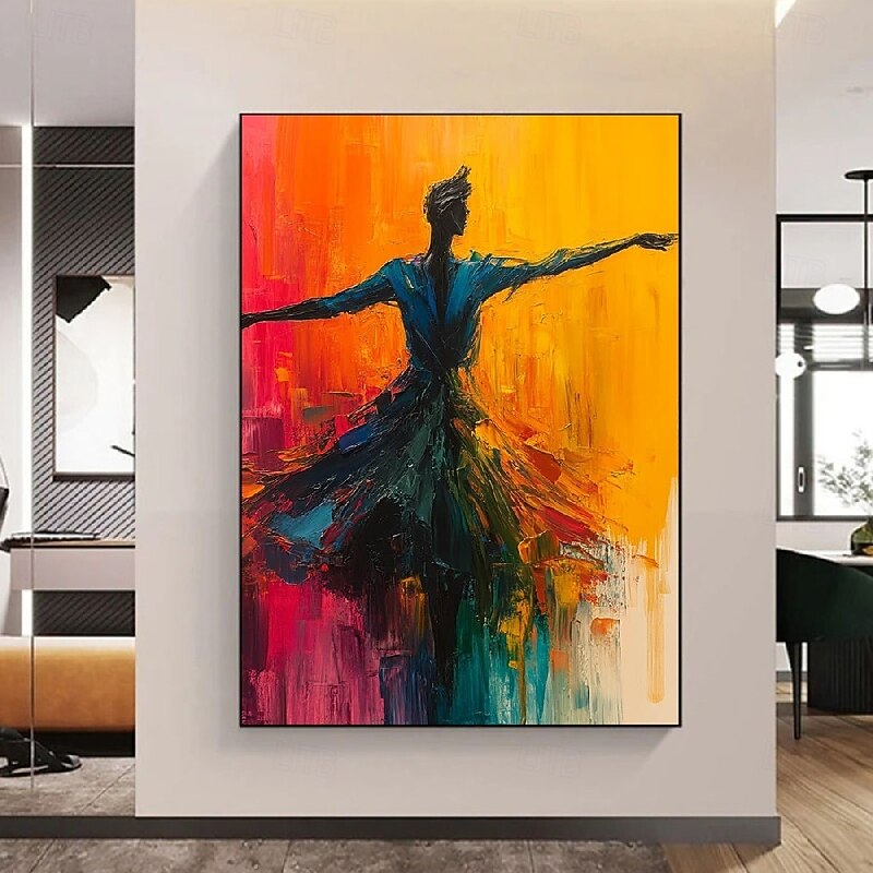 Handmade Pure Abstract Dance Oil Painting Graceful Silhouette Motion Vivid Colors Bold Background Textured Canvas Art Modern Living Room Home Decor Wall Art Dynamic Elegant2