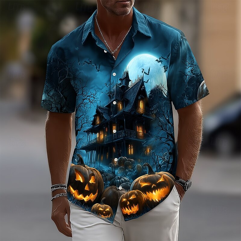 Halloween Men's Pumpkin Haunted House Halloween Costumes Shirt Button Up Shirt Short Sleeve Dark Punk Gothic Style Holiday Streetwear Summer Spring Turndown 3D Print Collared Shirts Blue 2# Blue 13