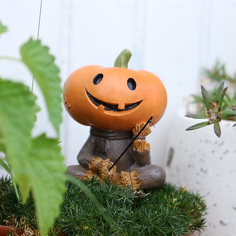 Halloween Resin Pumpkin Scarecrow Fishing Figurine, Miniature Landscape Outdoor Yard Planter Balcony Decoration, Spooky Halloween Garden Ornament