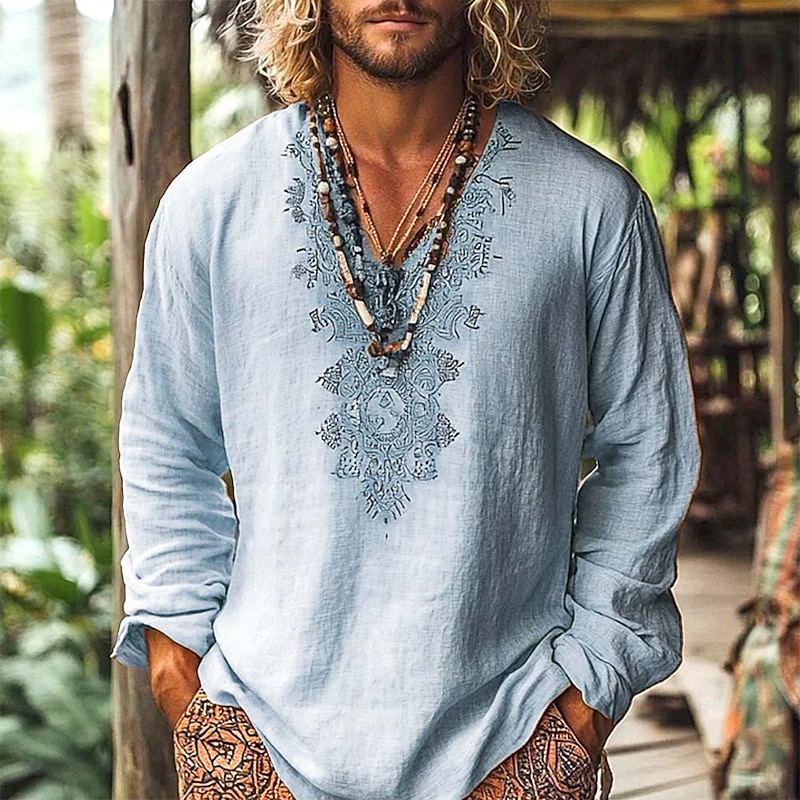 Men's Shirt Linen Shirt Popover Shirt Summer Shirt Beach Wear Geometric Vacation Street Pink Blue Orange Long Sleeve V Neck Summer Spring Clothing Apparel4