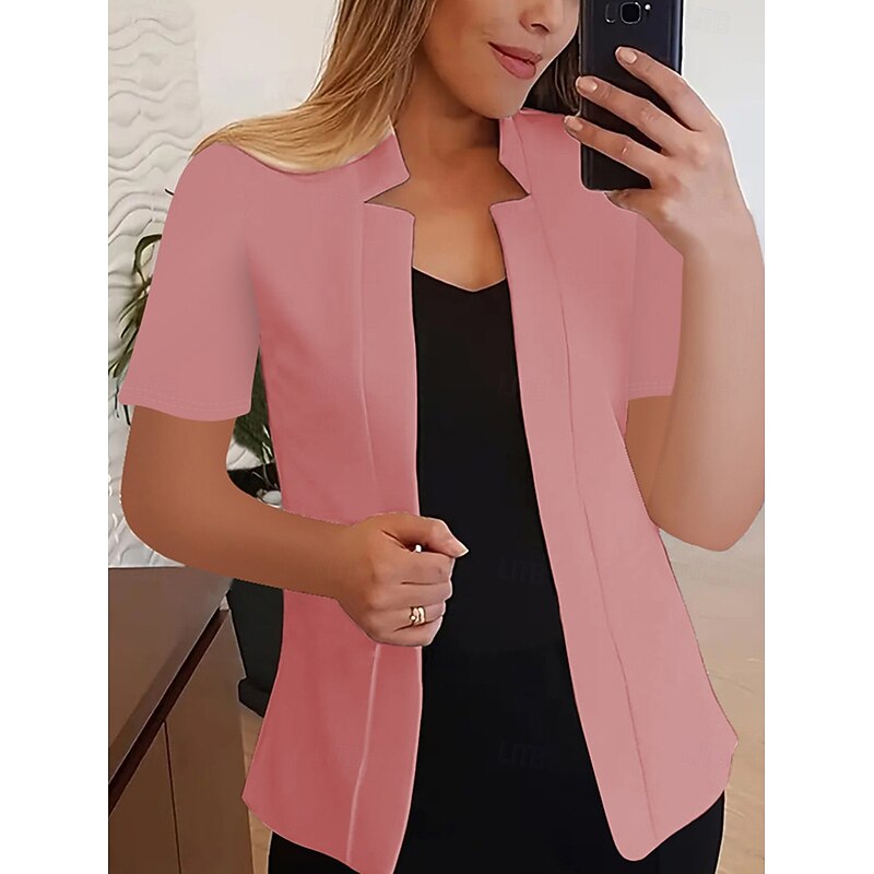 Women's Blazer Comfortable Breathable Slim Fit Fashion Modern Plain Work Daily Regular Stand Collar Regular Fit Short Sleeves Outerwear Black White Yellow Summer