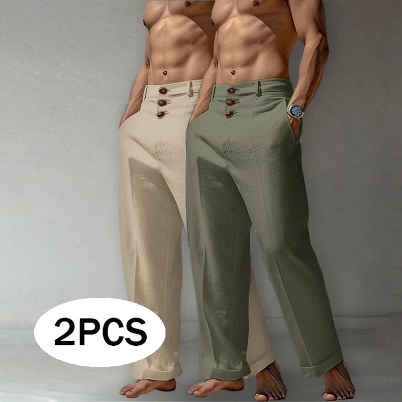 Men's Linen Pants Trousers Summer Pants Baggy Pants Beach Pants Front Pocket Straight Leg Multi-pack Plain Comfort Breathable Full Length Casual Daily Holiday Vacation Fashion White+Khaki Khaki+Black