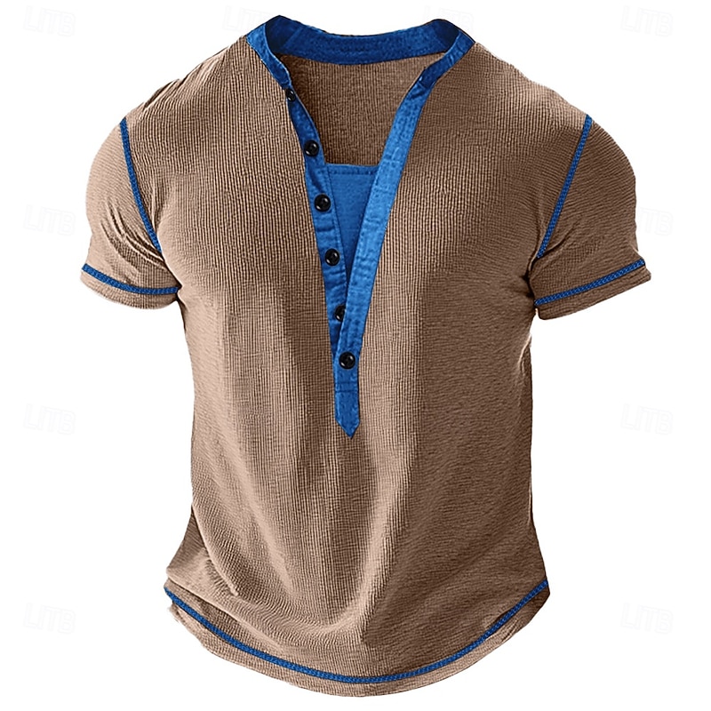 Men's Waffle Henley Shirt Tee Short Sleeve Solid Color Plain Fashion Designer Casual Color Block Buttons Henley Outdoor Casual Daily Summer Spring All Seasons Blue Brown khaki Henley T-Shirt4