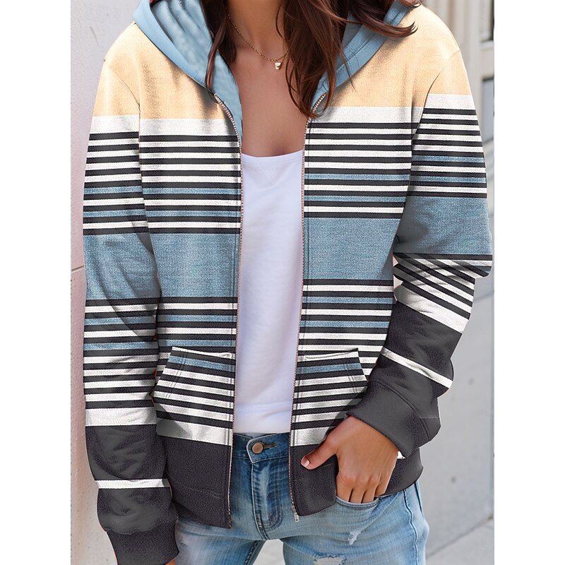 Women's Hooded Sweatshirt Jacket Long Sleeve Zip Up Hoodie With Pocket Lightweight Casual Graphic Striped Street Dailywear Pocket Print White Yellow Pink Blue Purple Spring Fall4