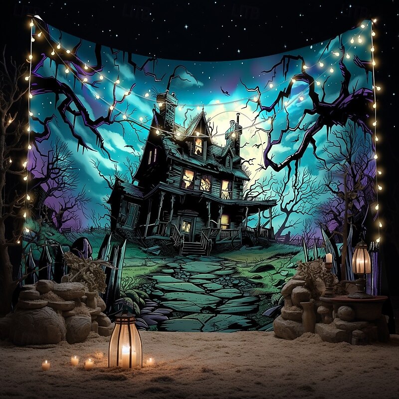 Halloween Haunted House Tapestry – Creepy Spooky Mansion Wall Art Backdrop, Large Hanging Mural Blanket Curtain for Home Bedroom Living Room  2025 Halloween Decoration3