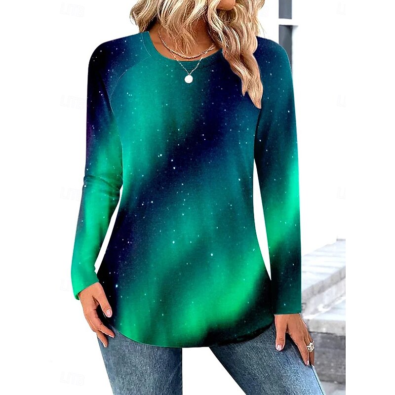 Women's T Shirt Ombre Graphic Vintage Stylish Classic Long Sleeve Crew Neck Round Neck Regular Tops Daily Weekend Print Purple Fuchsia Green Spring Fall Winter3