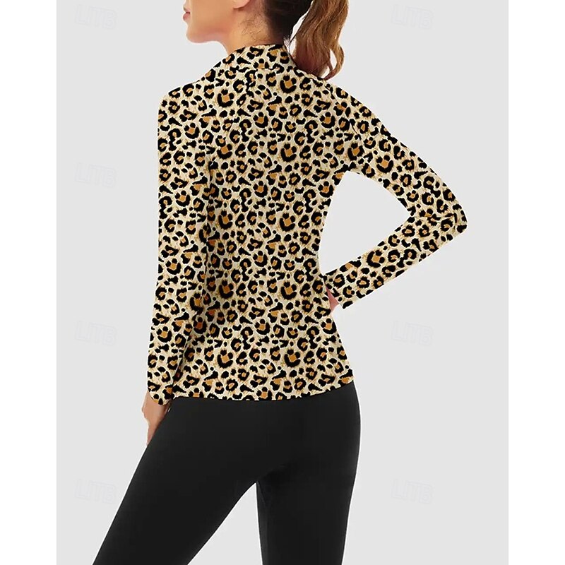 Women's Leopard Golf Polo Shirt Tennis Shirt Long Sleeve Print Quarter Zip Pullover UV Protection Elastic Breathable Tennis Golf Pickleball Zip Collar Shirt Polo Brown Tennis Clothing2