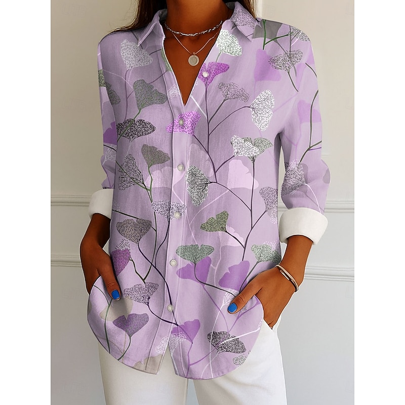 Women's Shirt Button Down Tunic Shirt Collar Long Sleeve Graphic Leaf Elegant Vintage Tropical Regular Tops Work Daily s Print Blue Purple Green Beige Spring3