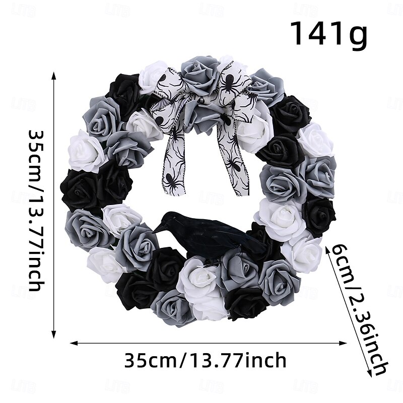 Halloween Wreath for Front Door Indoor Outdoor Decoration, Black and White Rose Crow Garland, Spooky Faux Floral Vine Ring for Party Wall Decor2