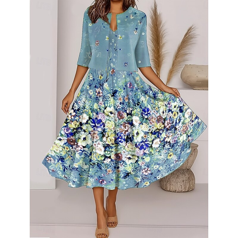 Women's Two Piece Dress Sets Midi Dress with Jacket Elegant A Line Dress Half Sleeve Casual Semi Formal Ombre Floral Print V Neck Date Red Sky Blue Green Regular Fit2