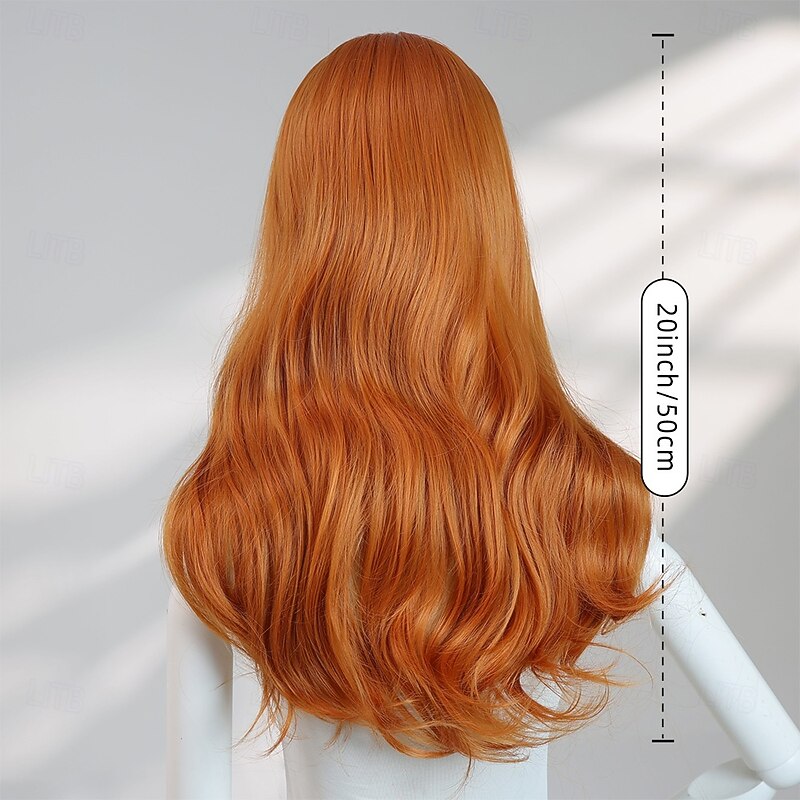 20‑Inch Mid‑Length Orange Wavy Halloween Wig – Center Part, No Bangs, Heat‑Resistant Synthetic Hair for Cosplay & Photo Shoots4