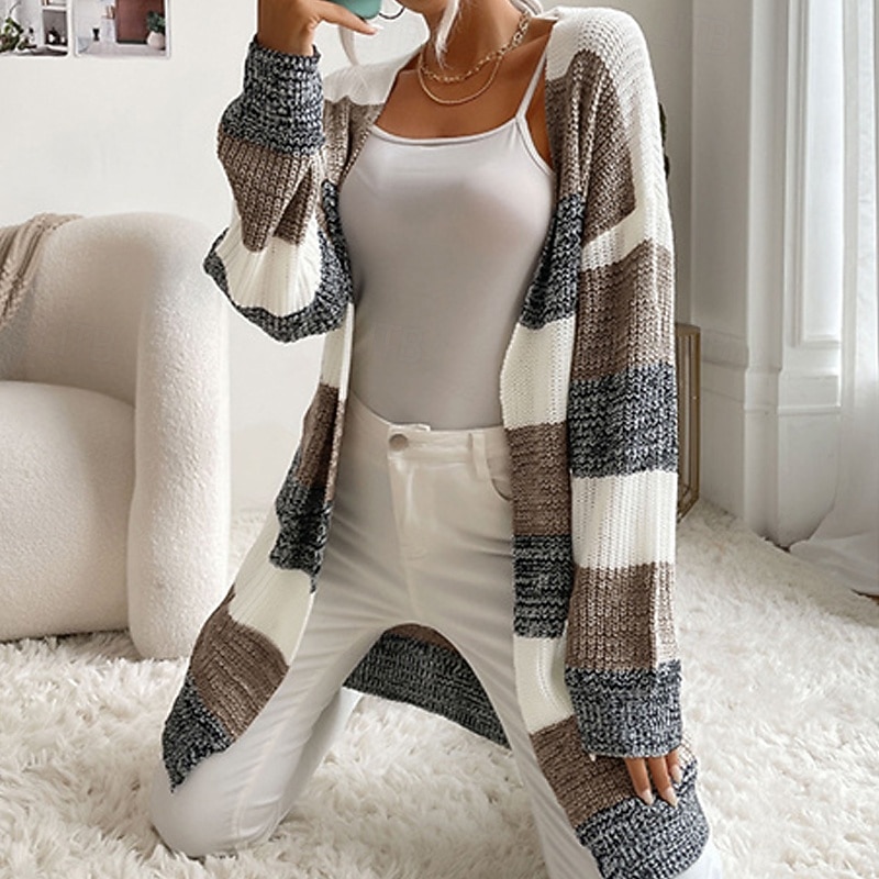 Women's Sweater Cardigan Fashion Streetwear Daily Color Block Ribbed Open Front Knitted Long Sleeve Long Tops Knit Holiday Going out Weekend Black Coffee Fall Winter3