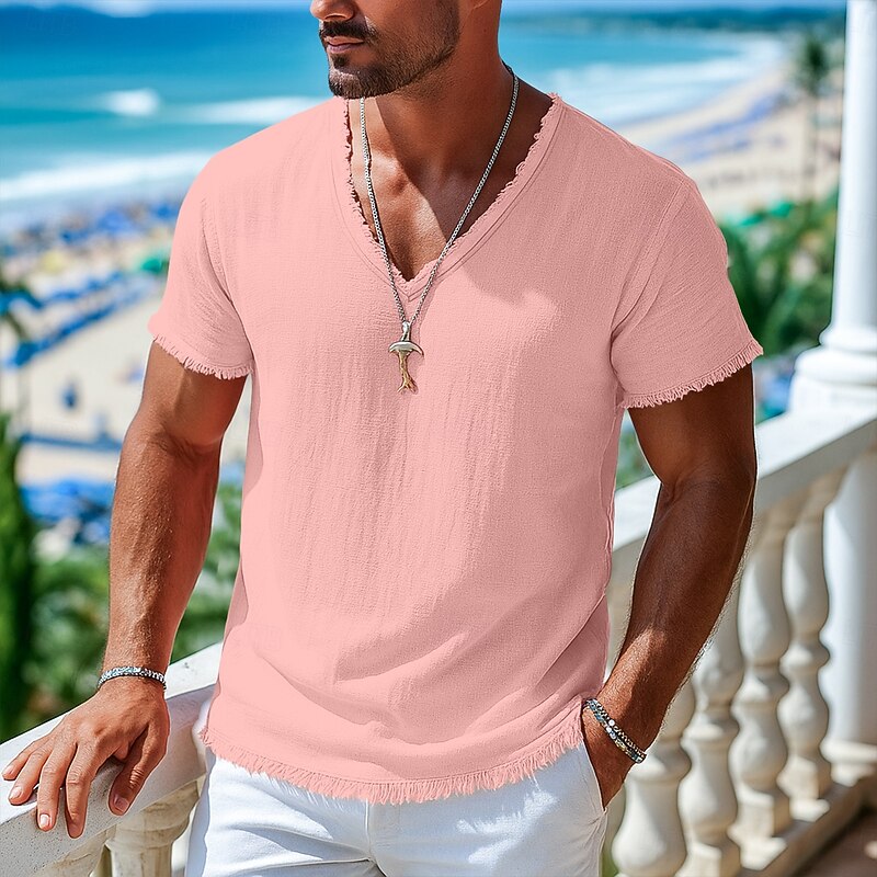 Men's Tee Top Linen T-Shirt Short Sleeves V Neck Summer Plain Fashion Designer Basic Soft Vacation Casual Daily Beach Light Blue White Pink Top Tee for Men
