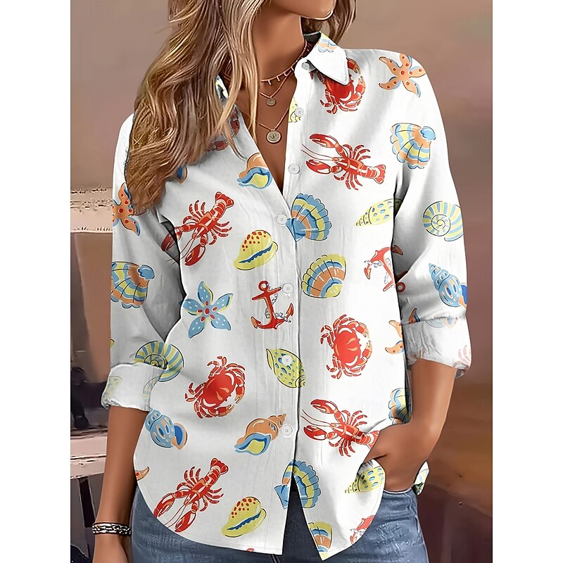 Women's Shirt Button Down Tunic Shirt Collar Long Sleeve Graphic Animal Vintage Stylish Casual Regular Tops Work Daily s Print Wine Red Rainbow Spring Fall2