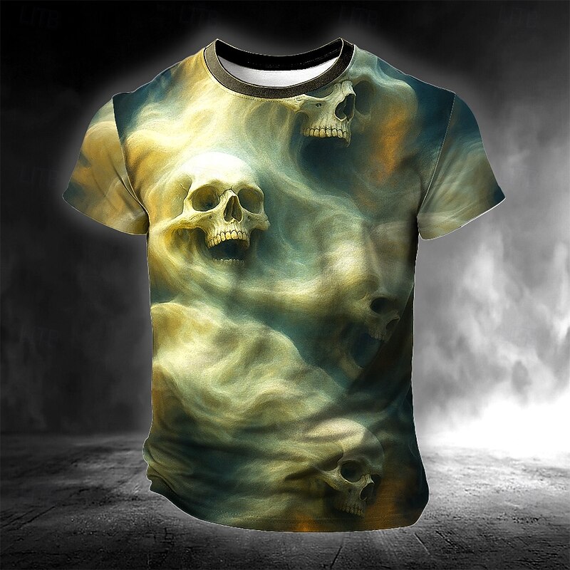 Halloween Men's Skull Smoke 3D T Shirt Short Sleeve T shirt 3D Print Crew Neck Shirt Exaggerated Designer Horror Party Street Casual Yellow Blue Green Summer Spring All Seasons Clothing Apparel S M L