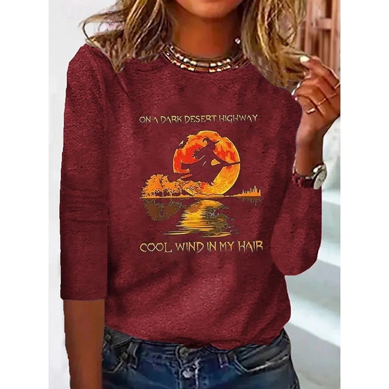 Halloween Women's T shirt Witch Long Sleeve Crew Neck Long Sleeve Tunic Ombre Graphic Stylish Modern Casual Round Neck Regular Tops Daily Print Black Red Gray Fall Prefall2