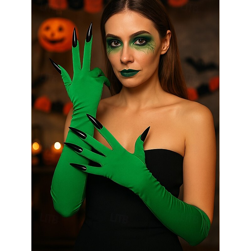 Women's Long Halloween Claw Gloves – Faux Nail Design, Stretchy Polyester, Spooky Cosplay Costume Accessory for Parties and Events