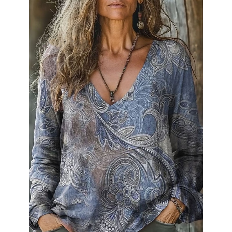 Women's Blouse Floral Bohemia Vintage Long Sleeve V Neck Regular Tops Daily Holiday Print Grass Green Light Green Wine Army Green Red Summer Spring Fall4