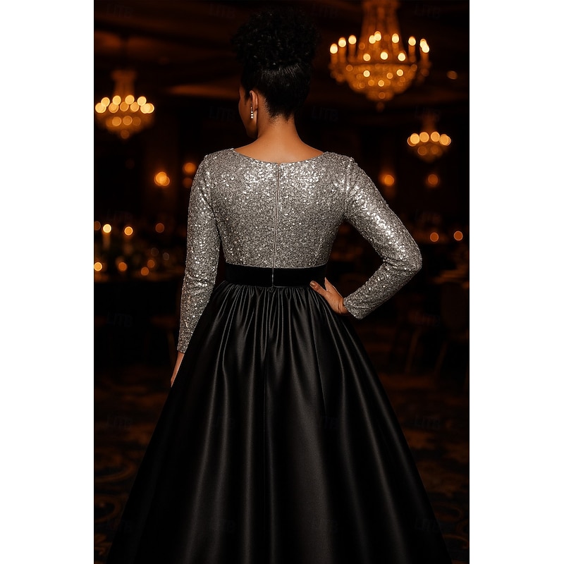 Black Tie A-Line Evening Gown Cocktail Dresses Sparkle Stretch Sequin Formal Gown Wedding Floor Length Long Sleeve Plunge Neckline Satin with Ruched3