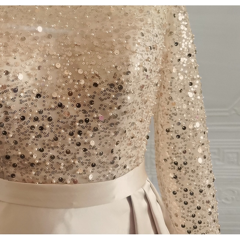 Mermaid Sequin Evening Gown RuchedSatin Dress Long Sleeves Masquerade Floor Length Illusion Neck with Pearls Overskirt dress4