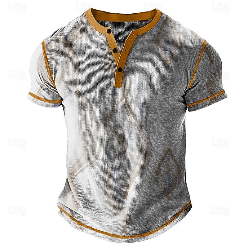Men's Geometric Pattern Henley Shirt Waffle T Shirt Short Sleeve Daily Retro Vintage Classic Sports Outdoor Casual Holiday Spring & Summer All Seasons Blue Yellow Purple Henley Henley T-Shirt2