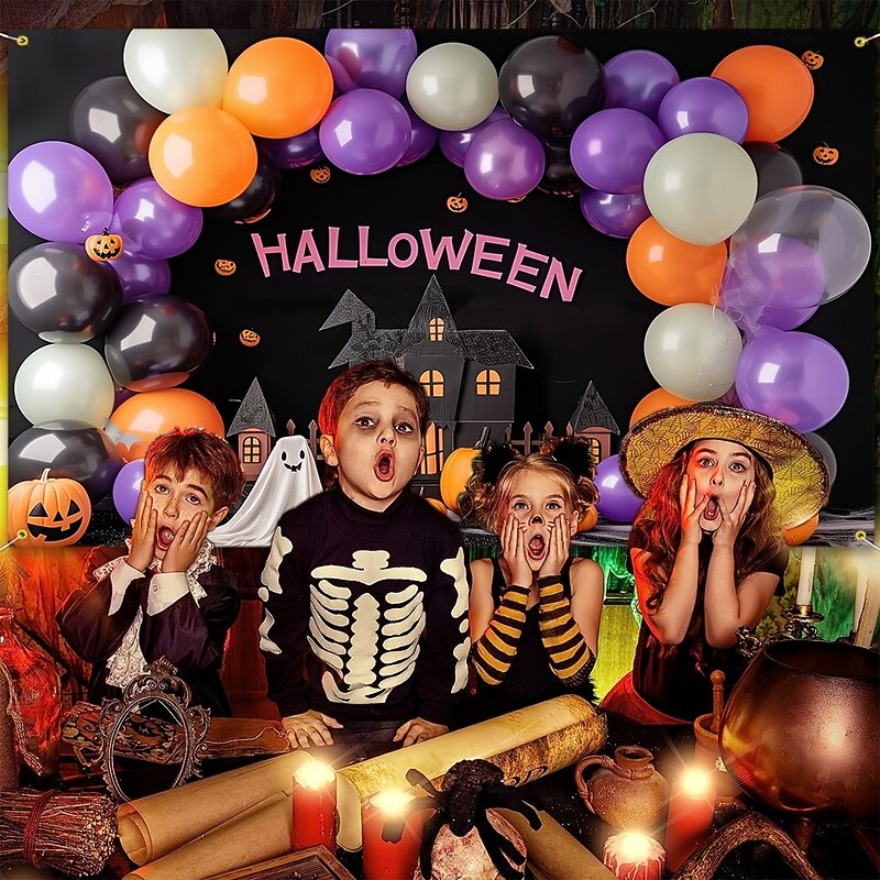 Halloween Balloon Arch Backdrop – Haunted House Pumpkin Ghost Wall Hanging Tapestry Photography Background for Party Bedroom Living Room  2025 Halloween Home Decoration3