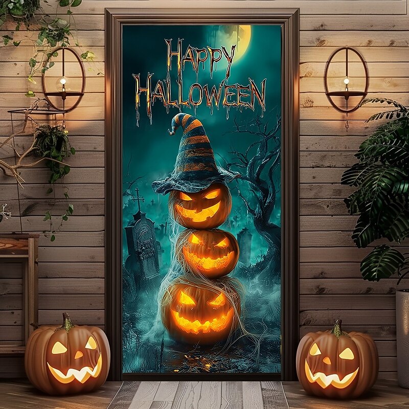 Halloween Door Cover – Stacked Pumpkins with Witch Hat and "Happy Halloween" Sign, Haunted House Entrance Banner, Outdoor 2025 Halloween Decoration for Bedroom, Living Room, Bathroom2