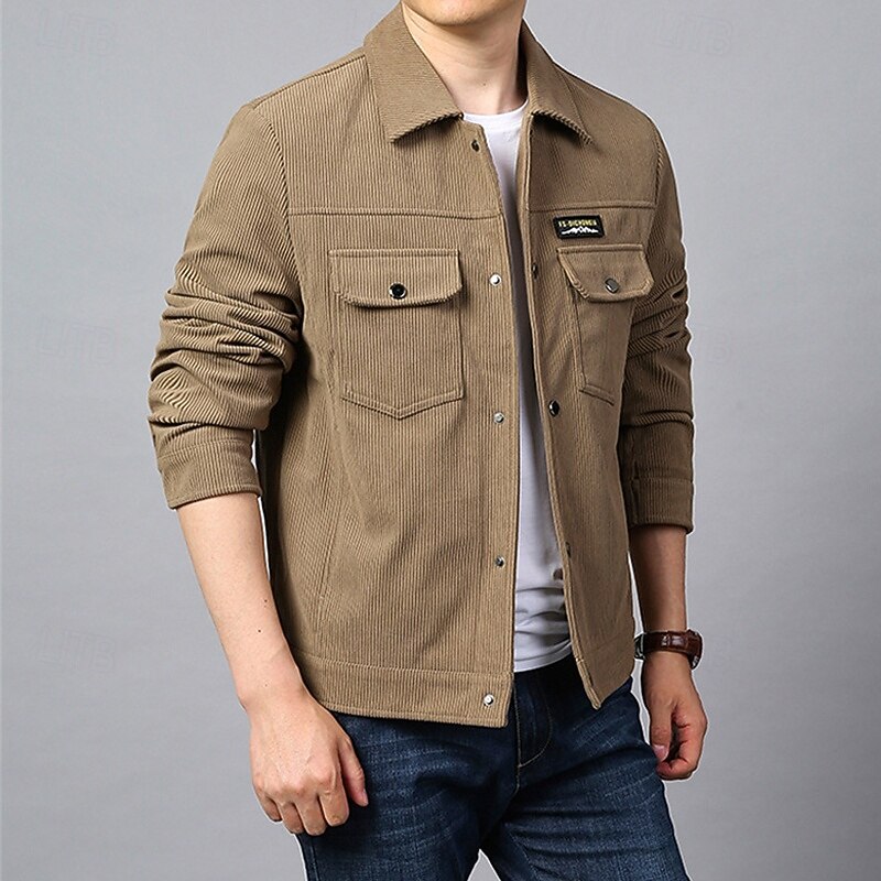 Men's Lightweight Jacket Corduroy Jacket Cargo Jacket Casual Jacket Vacation Daily Warm Pocket Spring Fall Plain Fashion Classic Lapel Regular Black Green Khaki Jacket3