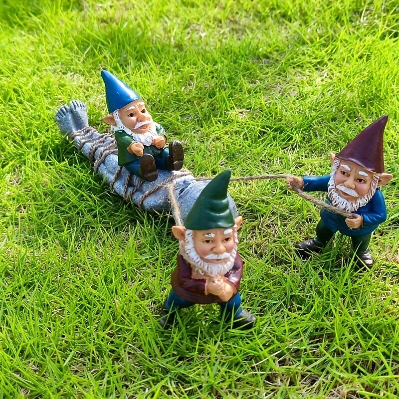 Whimsical Gnome Alien Capture Garden Statues - 3pcs Resin Grey 3.82in Tall Fun Outdoor Decor for Easter & Halloween