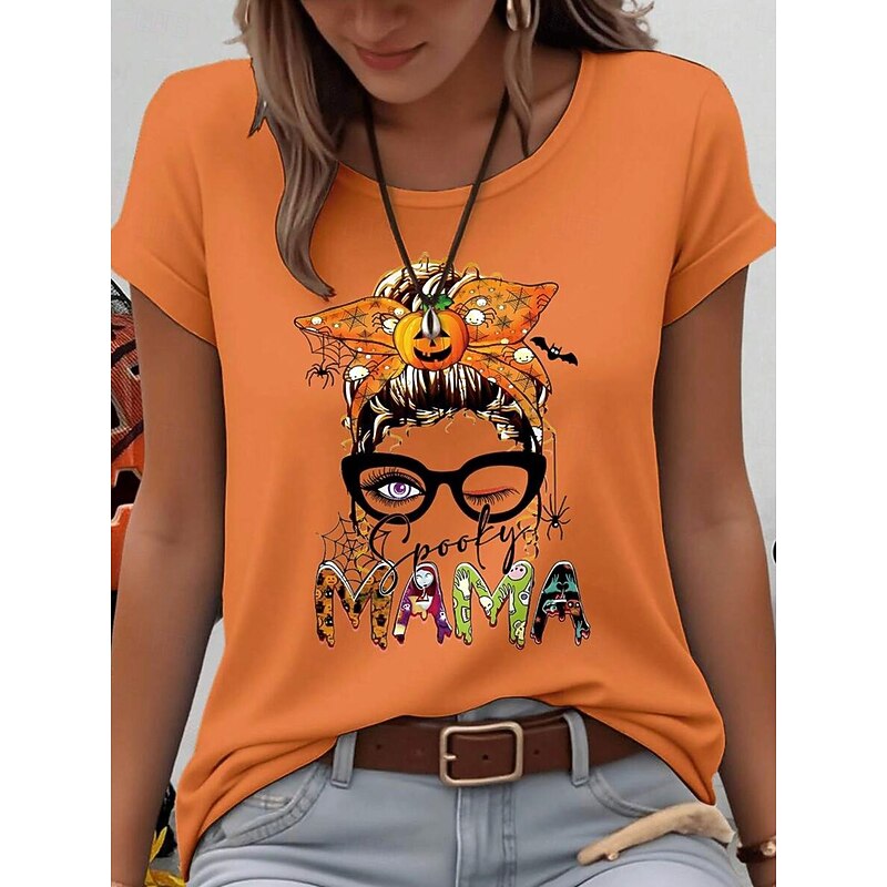 Halloween Women's T Shirt Graphic Pumpkin Letter Vintage Stylish Classic Short Sleeve Crew Neck Regular Tops Daily Weekend Print Orange Summer Spring Fall