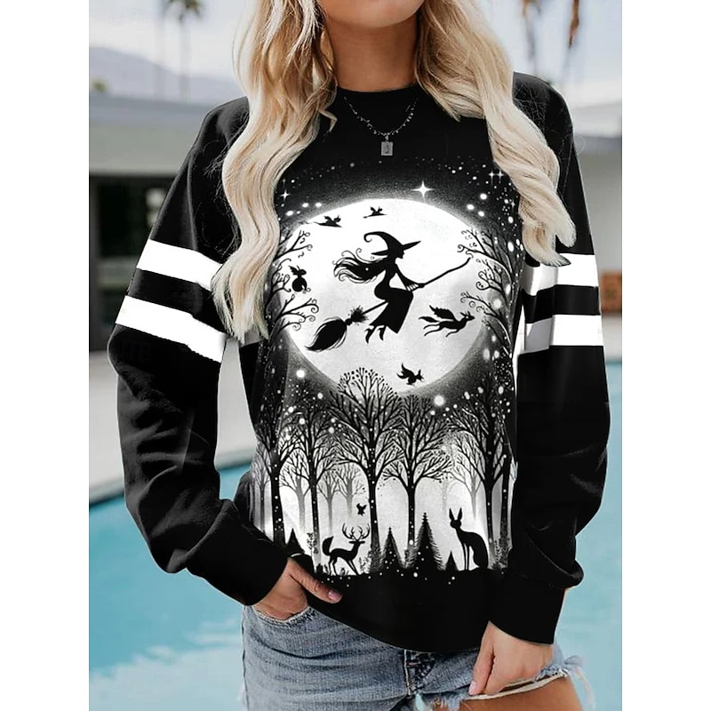 Halloween Women's Pullover Sweatshirt Witch Graphic Cat Pumpkin Fashion Casual Long Sleeve Crew Neck Regular Tops Street Dailywear Casual Print Black Blue Purple Orange Fall Winter