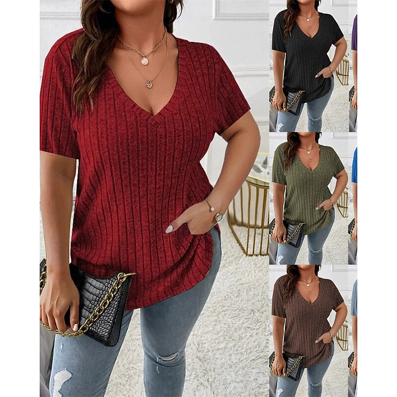Women's Texture Blouse T Shirt Plain Fashion Modern Short Sleeve V Neck Regular Tops Daily Black Wine Purple Summer