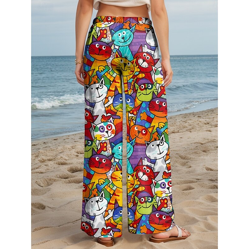 Women's Wide Leg Chinos Baggy Pants Vacation Vintage Fashion Full Length High Waist Graphic Animal Cat Printing Soft Breathable Micro-elastic Formal Outdoor Vacation Yellow Red Blue Purple Summer2