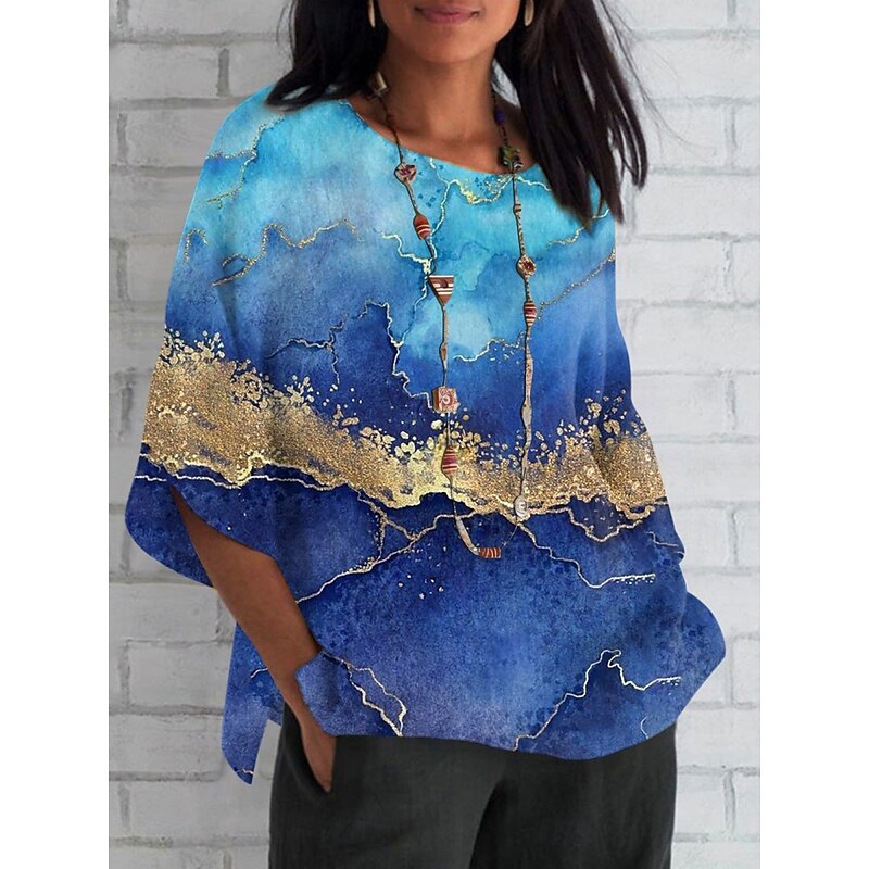 Women's Shirt Marble Daily Casual 3/4 Length Sleeve Crew Neck Regular Tops Daily Holiday Print Navy Blue Royal Blue Blue Sky Blue Dusty Blue Summer Spring Fall3