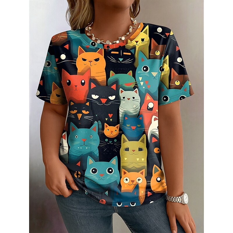 Women's Plus Size Tops T Shirt Graphic Animal Print Short Sleeve Crew Neck Casual Daily Polyester Spring Fall Black Yellow3