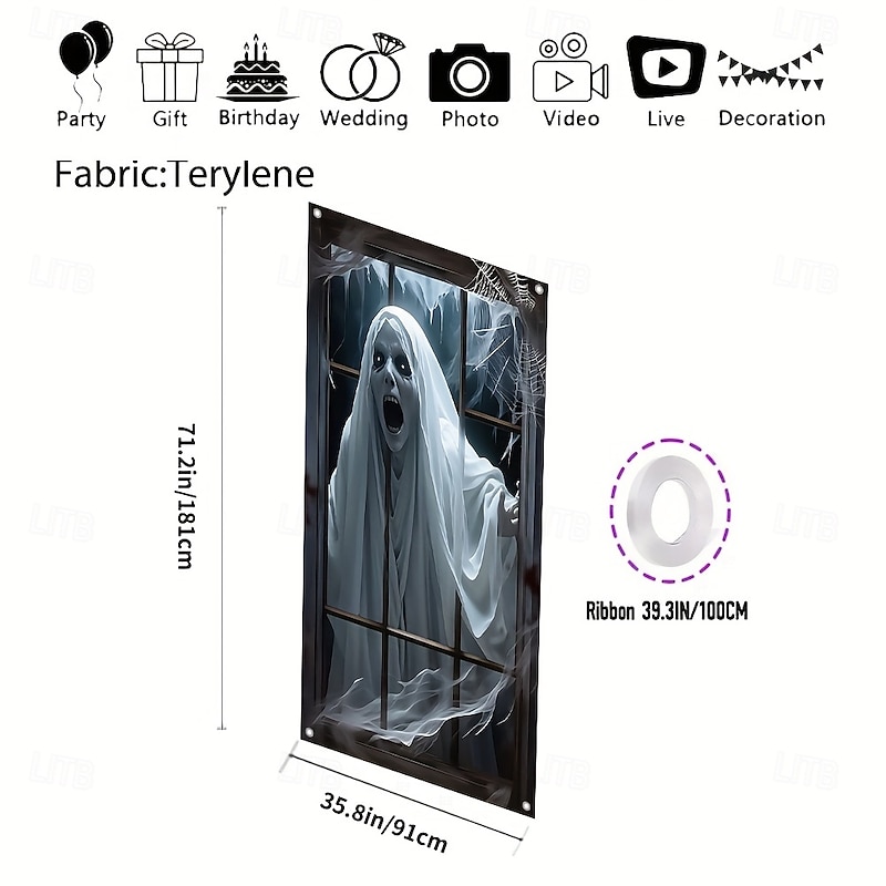 Halloween Window Banner Decoration 1pc Scary Ghost Design Polyester Fabric Indoor Wall and Window Decor for Parties and Carnivals No Electricity Required Versatile Holiday Accessory3