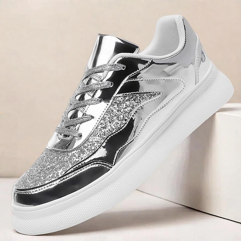 Men's Silver Glitter Sneakers Shiny Casual Sports Shoes for Street Style Parties and Festivals