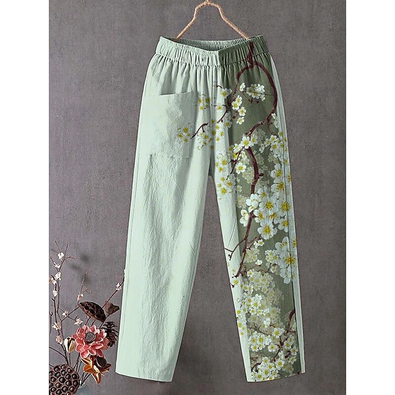 Women's Slacks Vacation Vintage Ethnic Style Ankle-Length High Waist Floral Graphic Pocket Comfy Breathability Lightweight Inelastic Outdoor Vacation Causal Blue Purple Green Summer Spring Loose Fit3