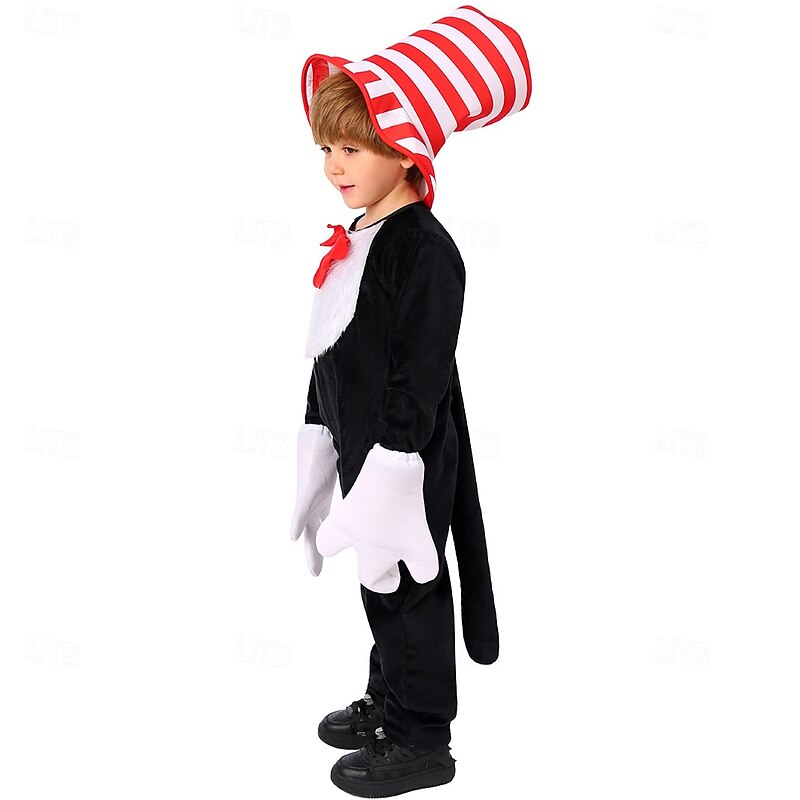 The Cat in the Hat Cosplay Jumpsuit Onesie Costume Cartoon Movie Cosplay for Boys' Girls' Kid's Halloween Carnival World Book Day Performance Educational Dress Up School Event Dress Up2