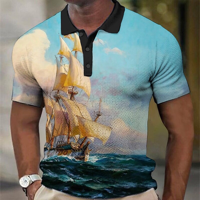 Men's Nautical Waffle Polo Shirts Golf Shirt Short Sleeve Polo Shirts Collared Shirts Vintage Casual Vacation Wear Boat Wear Party Outfits Buttons 3D Print Yellow Blue Orange3