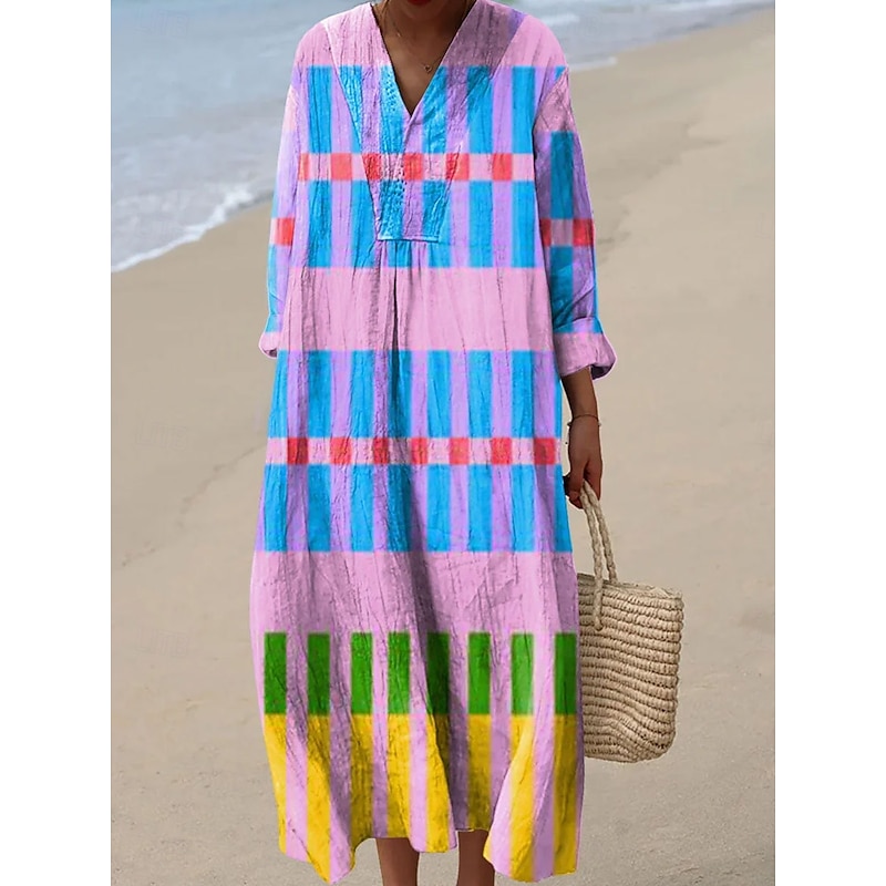 Women's Midi Dress V Neck Long Sleeve Kaftan Lightweight Loose Fit A Line Dress Casual Boho Party Loose Fit Graphic Geometric Long Sleeve V Neck Yellow Pink Blue Orange Fall2