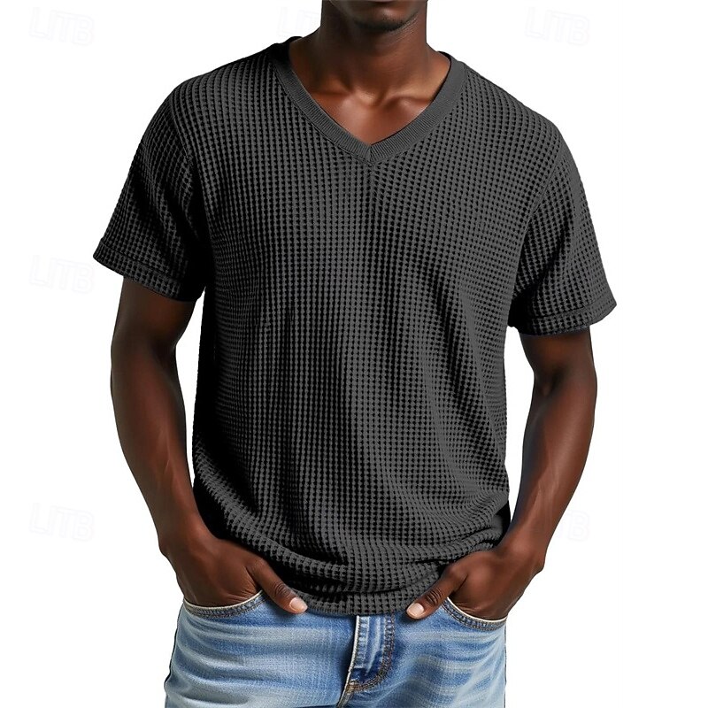 Men's Waffle Tee T Shirt Tee Short Sleeve Shirt Short Sleeve V Neck Summer Plain Fashion Designer Basic Jacquard Vacation Street Going out Apricot Black Purple Top Tee for Men3