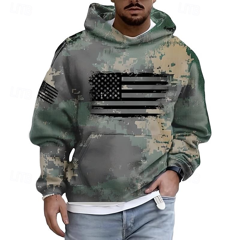 Men's Hoodie Green Khaki Light Green Gray Hooded Camo / Camouflage American Flag Front Pocket Daily Holiday Going out Polyester Streetwear Casual Fall Winter Clothing Apparel Hoodies Sweatshirts2