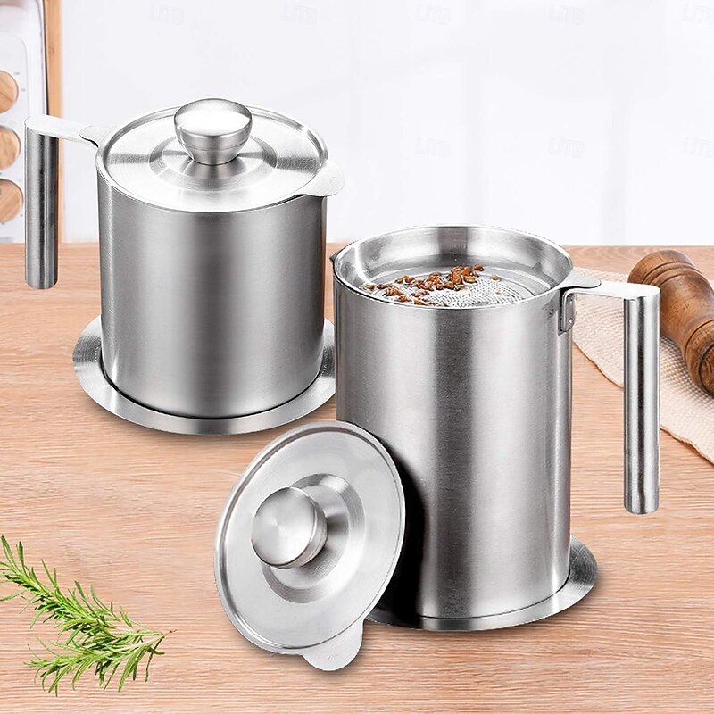 1.2 L/1.7L Stainless Steel Grease Strainer and Container - Large Oil Storage Pot Grease Keeper with Dust-Proof Lid & Easy Grip Handle - for Bacon, Kitchen Cooking or Frying Oil2