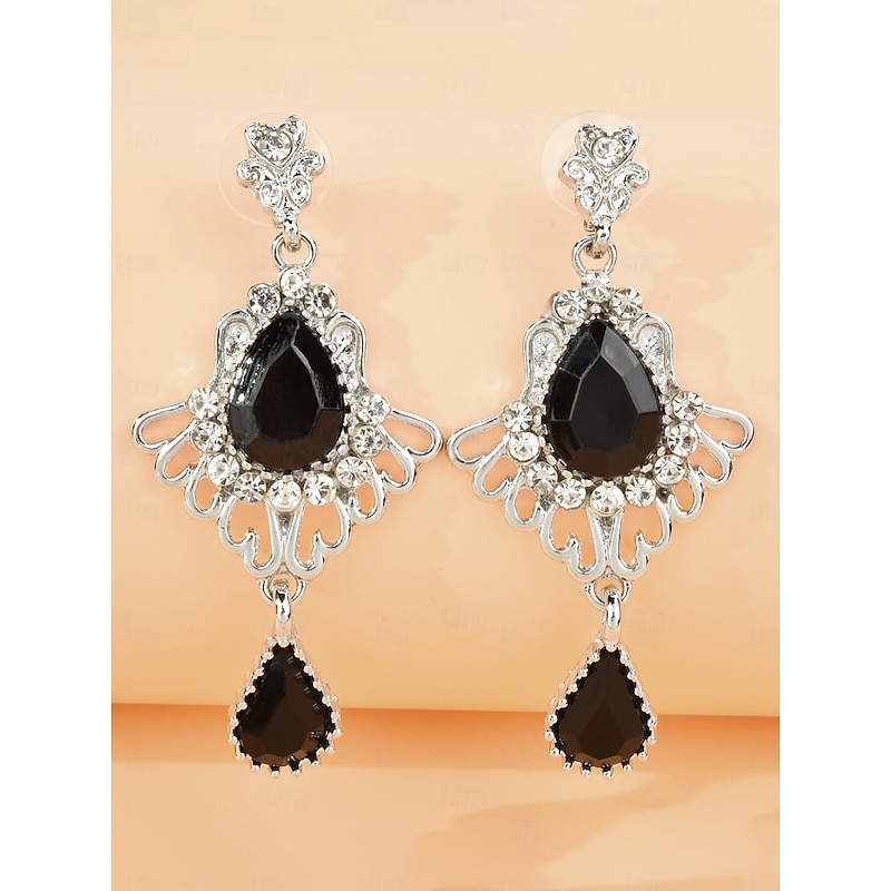 Women's 1920s Gatsby Drop Earrings - Vintage Black Crystal Dangle Earrings with Rhinestones for Roaring Twenties Themed Parties - Main Image