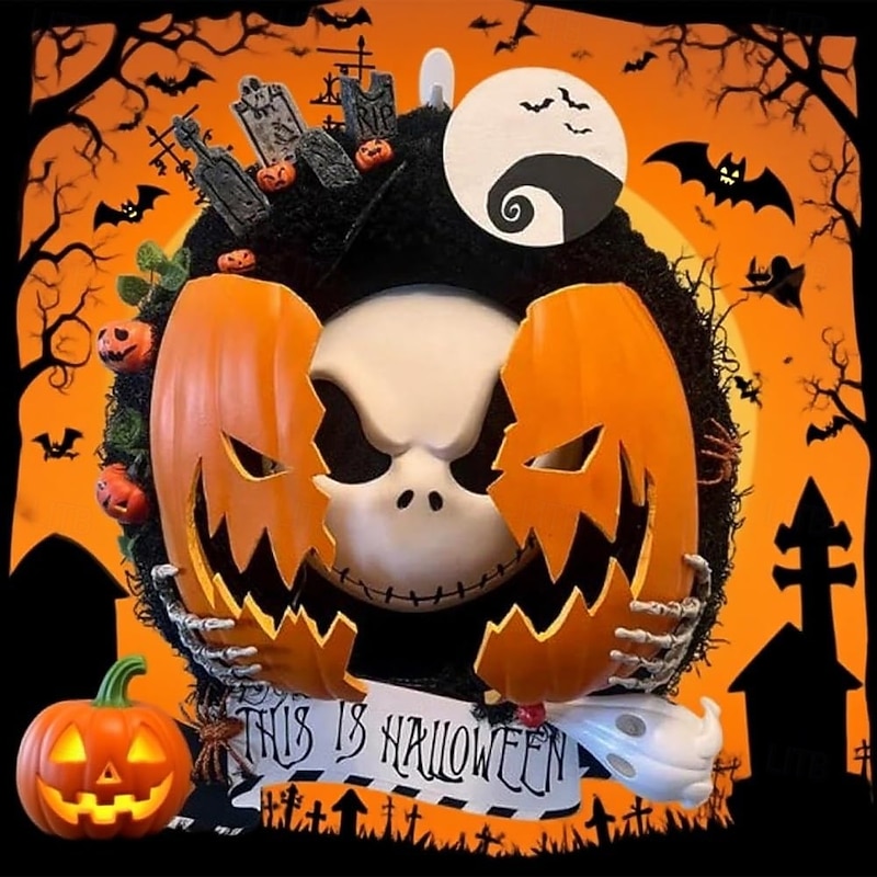 Halloween Nightmare Pumpkin Wreath Scary Pumpkin Bats and Cemetery Garland Decorations for Indoor Outdoor Wall Closet Fence Window Farmhouse2