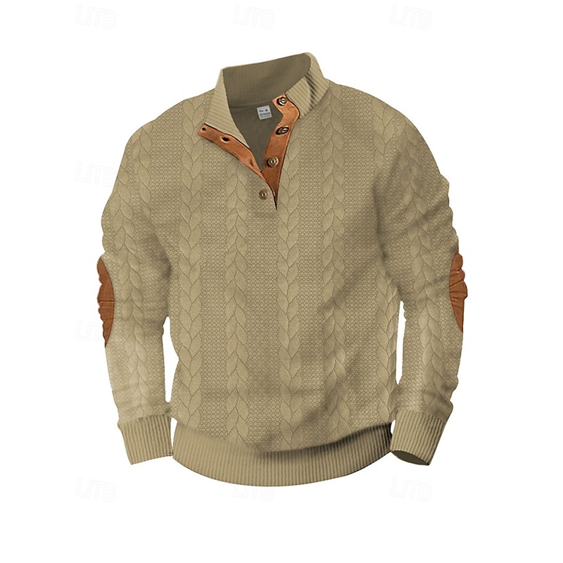 Men's Sweatshirt Black Navy Blue Brown Khaki Light Grey Standing Collar Color Block Jacquard Patchwork Ribbed Textured Sports & Outdoor Daily Holiday Polyester Streetwear Basic Casual Spring Fall